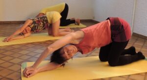 Étirement du grand dorsal-à genou en allongeant les bras-Yvette Clouet- Posture de Yoga Habiter Son Corps
